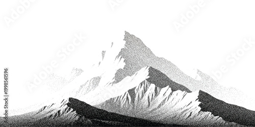 Black and white illustration of sharp mountain peaks with snow