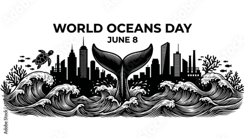 Majestic whale tail emerging from powerful ocean waves with a city skyline backdrop, symbolizing marine ecosystem protection