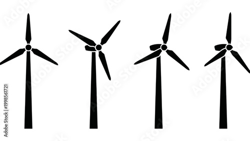 Stylized black wind turbines illustrating renewable energy concepts and environmental sustainability on a white background