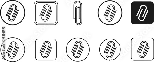 Paperclip attachment icons collection for office supplies stationery and email file upload digital interface web.