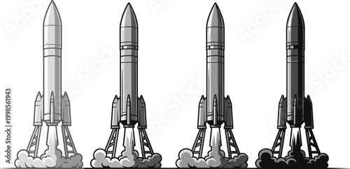 Rocket launch illustration set in various monochrome shades for space exploration technology and startup projects.