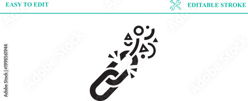 Fragmented chain link icon representing broken connection digital breakdown and data corruption abstract shapes symbolize collapse and loss of integrity network failure concept.