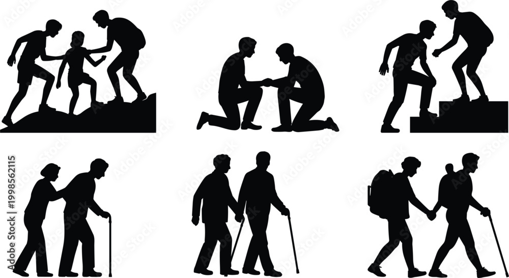 Fototapeta premium Helping and support silhouettes showing guidance care teamwork and assistance across life stages
