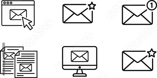 Set of email icons showing incoming messages alerts and documents on computer and browser interface.