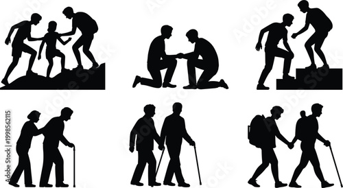 Helping and support silhouettes showing guidance care teamwork and assistance across life stages