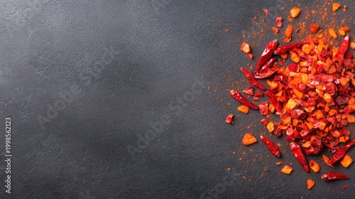 Dried red chili flakes and whole peppers scattered on dark surface