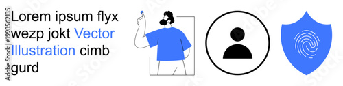 Identity verification, authentication processes, online security, technology protection, biometric access, data privacy. Person holding an ID, user silhouette and shield with fingerprint. Identity