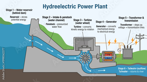 Diagram Illustrating the Comprehensive Process of Hydroelectric Power Generation and Energy