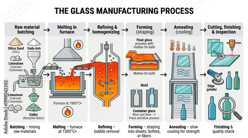 Detailed visual explanation of the intricate glass manufacturing process from raw materials to
