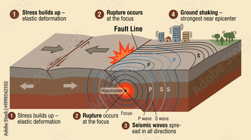 Illustrative diagram of seismic wave propagation and earthquake fault rupture mechanics