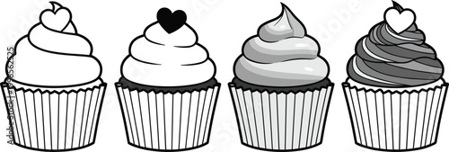 Sweet cupcake icons set with different frosting styles and heart toppings for bakery dessert and pastry decoration.