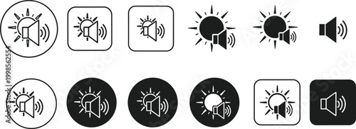 Sun sound speaker icon with radiant sunburst and speaker symbol, representing volume control or sound intensity.
