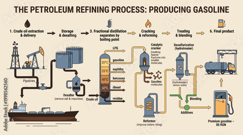 Visual depiction of the intricate stages involved in petroleum refining for gasoline production