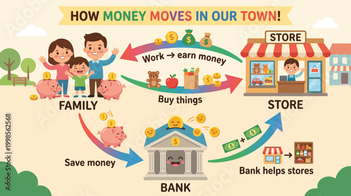 Visual explanation of how money circulates within a community economy for young learners