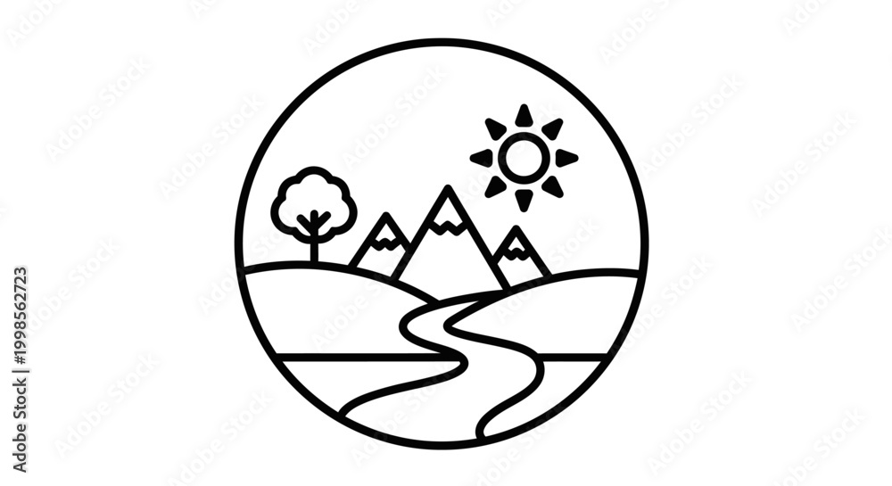 Obraz premium Minimalist Nature Landscape Icon: Mountains, River, Tree, Sun in Circle