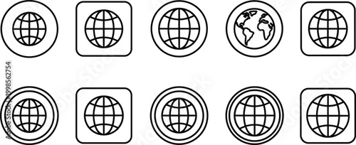 World globe icon variations set showing earth continents in outline and detailed styles for global connection concept.
