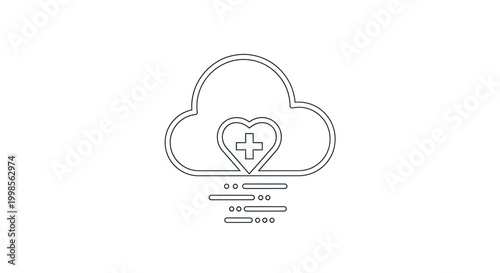 Medical cloud icon with heart and cross symbol in black line art on white background
