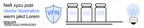 Data privacy, online security, innovation, digital protection, pharmaceutical storage, cyber defense. Shield with VPN text, medicine bottles and light bulb. Online security and innovation concept