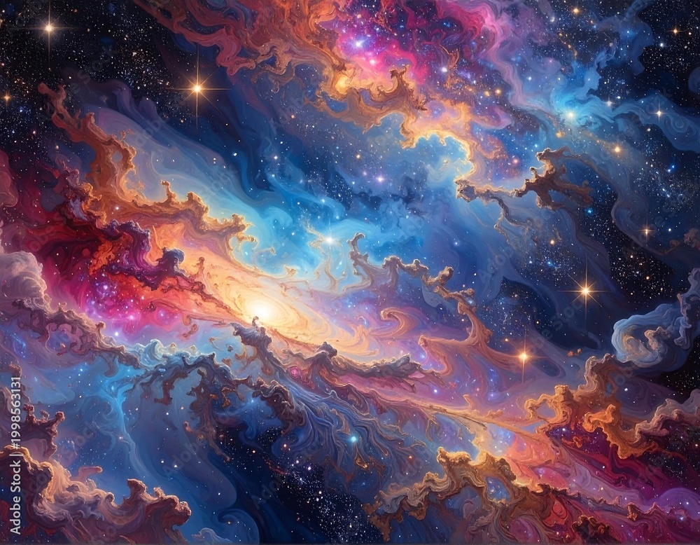 Fototapeta premium Vibrant cosmic painting swirling nebula in shades of blue, gold, pink, and violet against a starry expanse