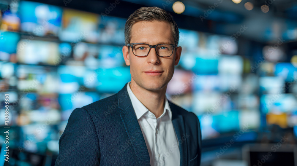 Fototapeta premium Confident businessman wearing glasses and a suit standing in a modern office environment with multiple screens displaying colorful images in the background