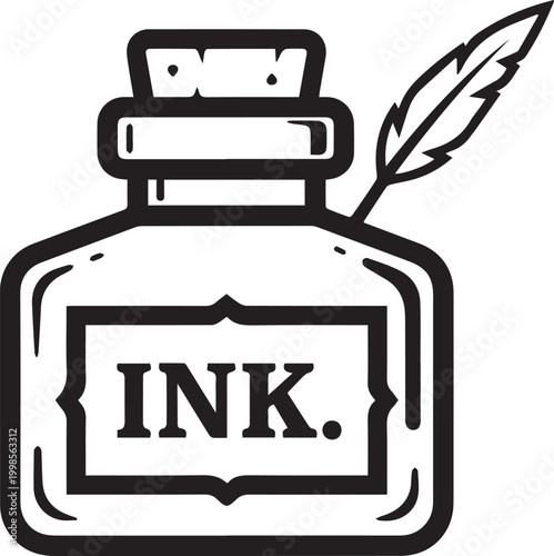 Vintage Inkwell with Paper Label: Retro Stationery Icon for Branding, Educational Materials, Typography Designs, Print Media, Book Covers, Letterhead, Stationery Packaging, Nostalgic