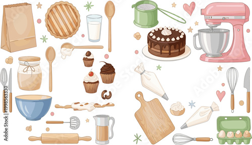 Comprehensive Baking and Pastry Tool Set Featuring Electric Stand Mixer Rolling Pin Whisk Flour Bag and Delicious Cakes for Homemade Dessert Preparation and Culinary Designs