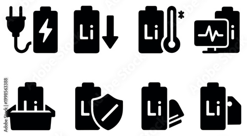 Power icons with battery plug thermometer lithium outline minimal