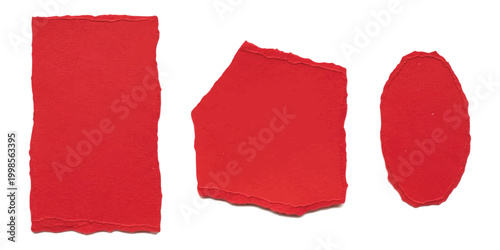 Three different shapes of bright red torn paper pieces with rough edges