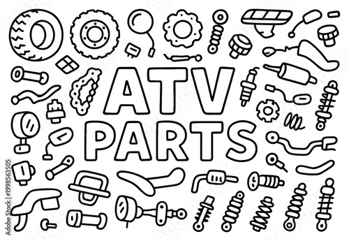 Atv parts icons with tire shock sparkplug outline
