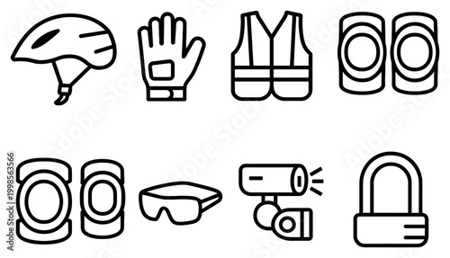 Safety gear icons with helmet glove vest in bold outline style
