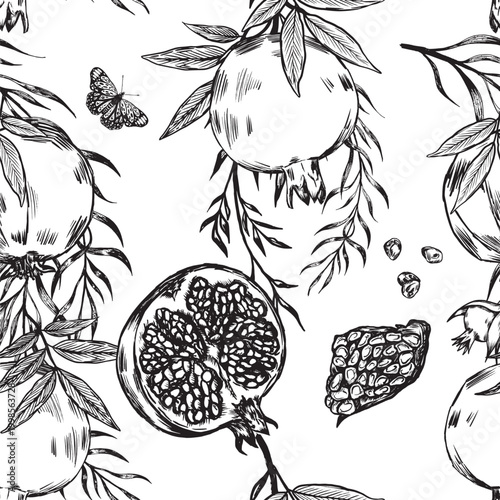 Intricate Fruit And Butterfly Design. Elaborate Repeated Pattern With Fruit Clusters And Fluttering Insects