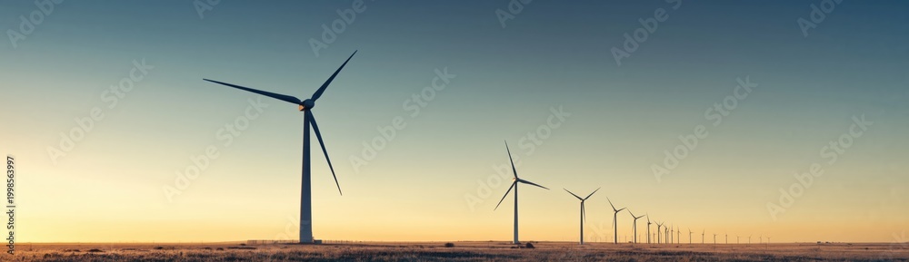 Obraz premium Wind turbines aligned across prairie during sunset
