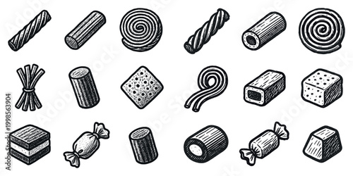 Candy icons with licorice roll cube sketch style