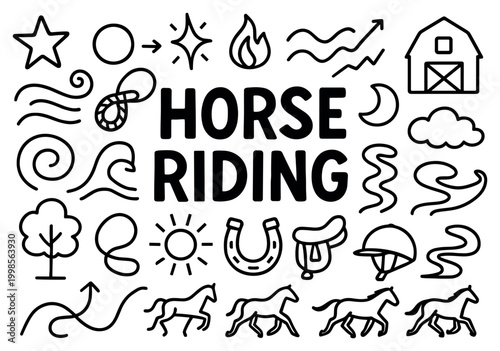 Horse riding icons with horse saddle horseshoe playful outline