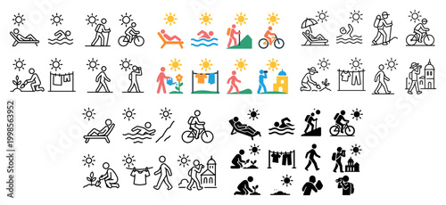 Summer activities icons collection in color and black