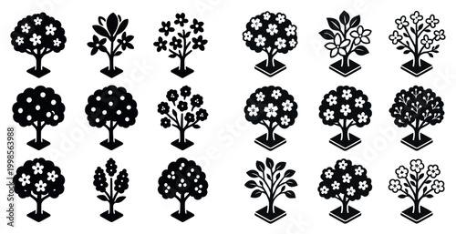 Floral and tree icons with blossom tree bush silhouette