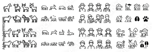 Farm and animal icons set in various styles