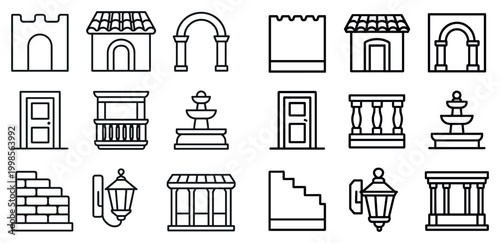 Classical building icons with column arch fountain in outline style