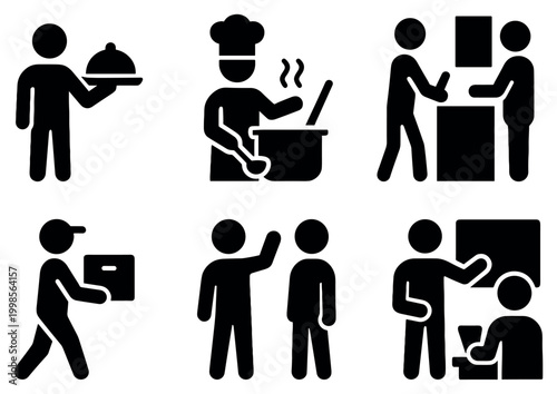 Service icons with waiter chef delivery interaction solid