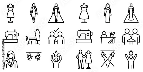 Fashion icons with dress mannequin sewing machine outline style