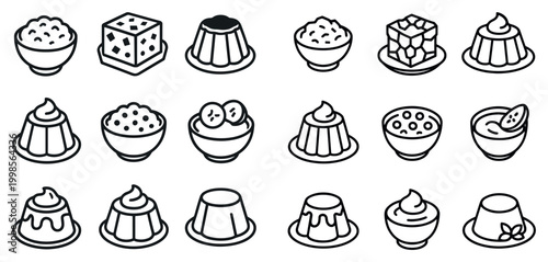 Dessert icons with bowl pudding cube outline minimal