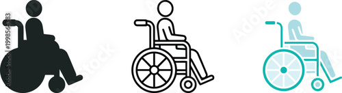 Wheelchair Accessibility Icon Set with Solid Outline and Teal Vector Styles - Universal Disability Symbol for Medical Signage Healthcare Apps Web Design and Inclusive Public Space Navigation