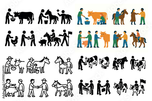 Farm animal care and interaction illustrations