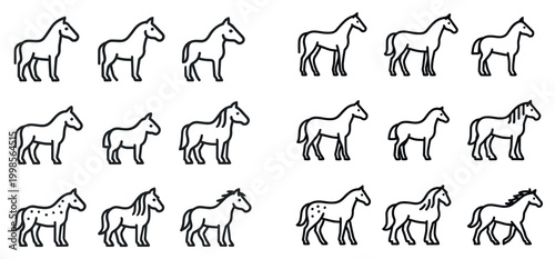 Horse icons with standing trotting galloping outline