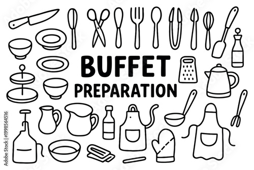 Kitchen icons with apron kettle knife line art outline