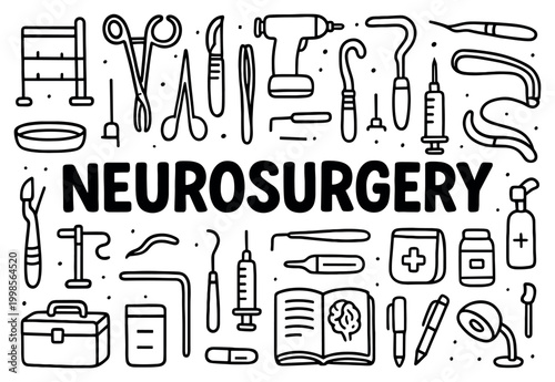 Neurosurgery icons with scalpel drill syringe outline line
