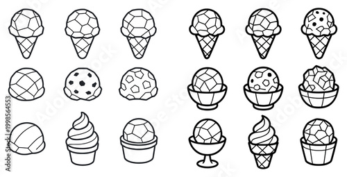 Food icons with ice cream cone scoop bowl outline