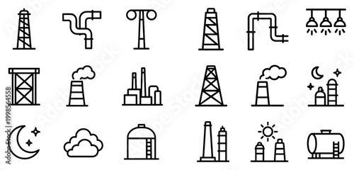 Industrial plant icons with tower pipe and tank outline