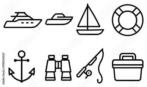 Marine icons with boat anchor lifebuoy in simple outline style