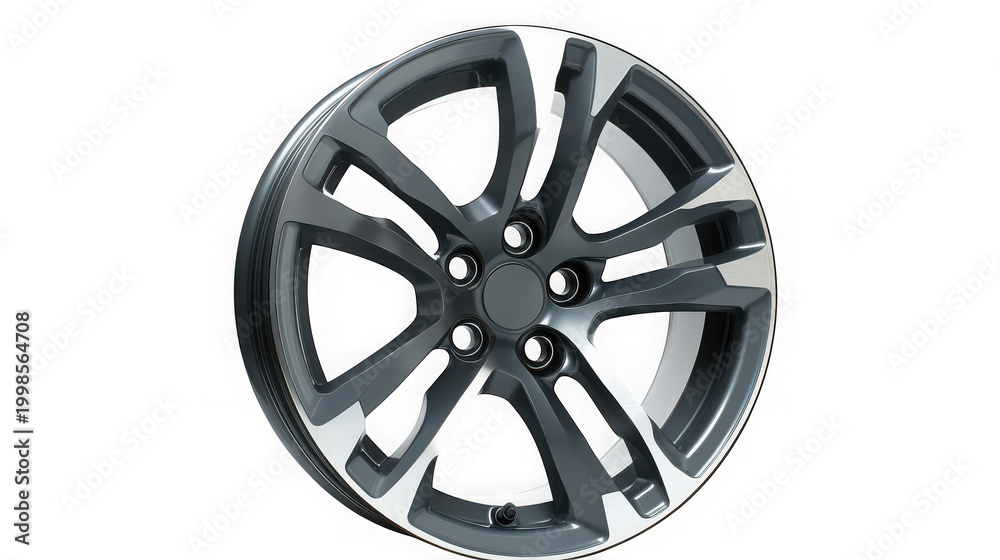 Fototapeta premium Modern alloy car wheel with intricate spoke design and polished silver accents showcasing a sleek futuristic aesthetic isolated on transparent background